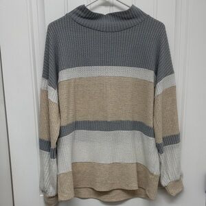 BKE Striped Waffle-Knit long sleeve Sweater - Gray, Cream & Tan size medium